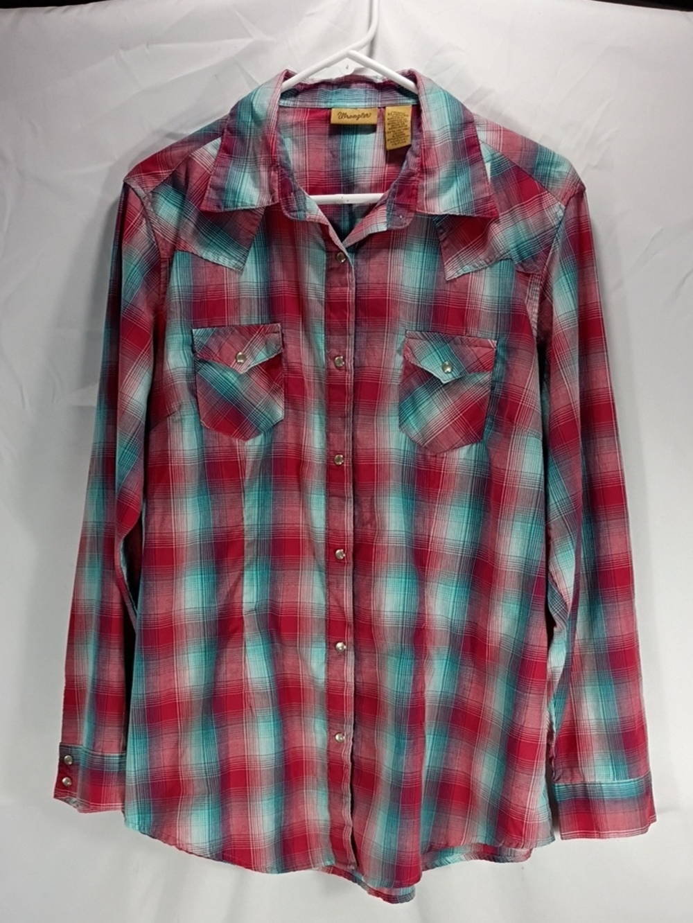EUC Wrangler Men’s Red & Teal Plaid Snap Shirt Western Shirt Size XL